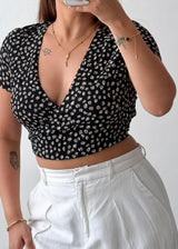 Size S-M Black Floral Wrap Crop Top