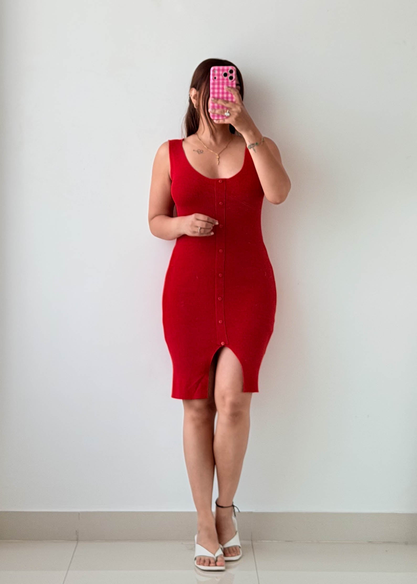 Size S-M Red Button Front Bodycon Dress
