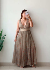 Size L-XL Beige Printed Maxi Dress