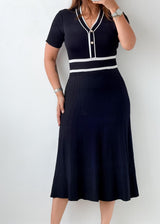 Size S-M Black Contrast Trim Knit Midi Dress