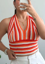 Size L-XL, Orange Striped Halter Crop Top - Closet by Payal