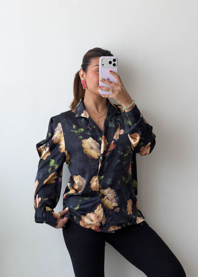 M-L Black Floral Satin Shirt Top