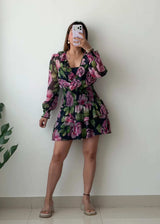 Size S-M, Black Floral Wrap Mini Dress