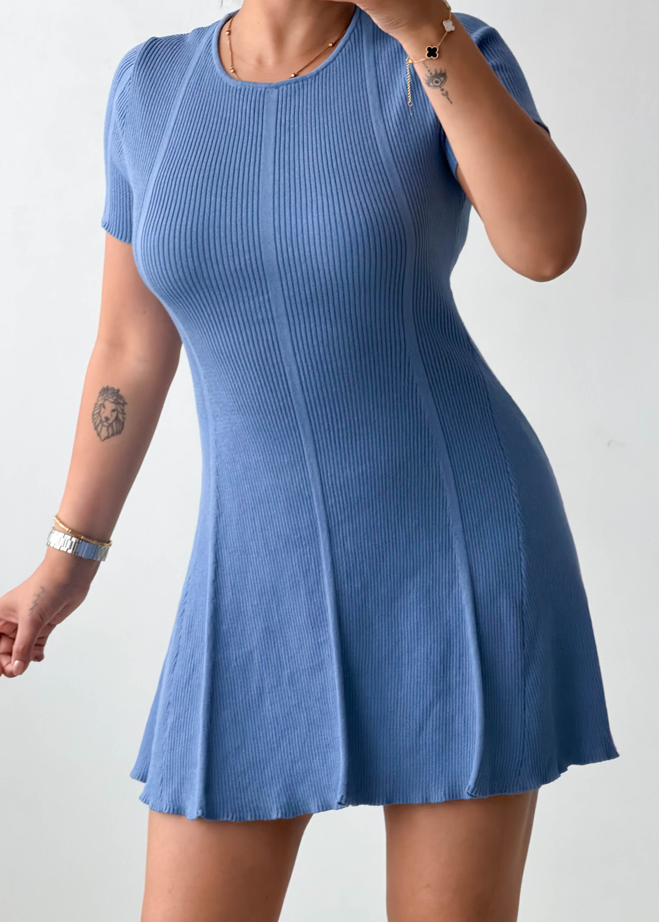 Size M-L Dusty Blue Fit & Flare Knit Mini Dress