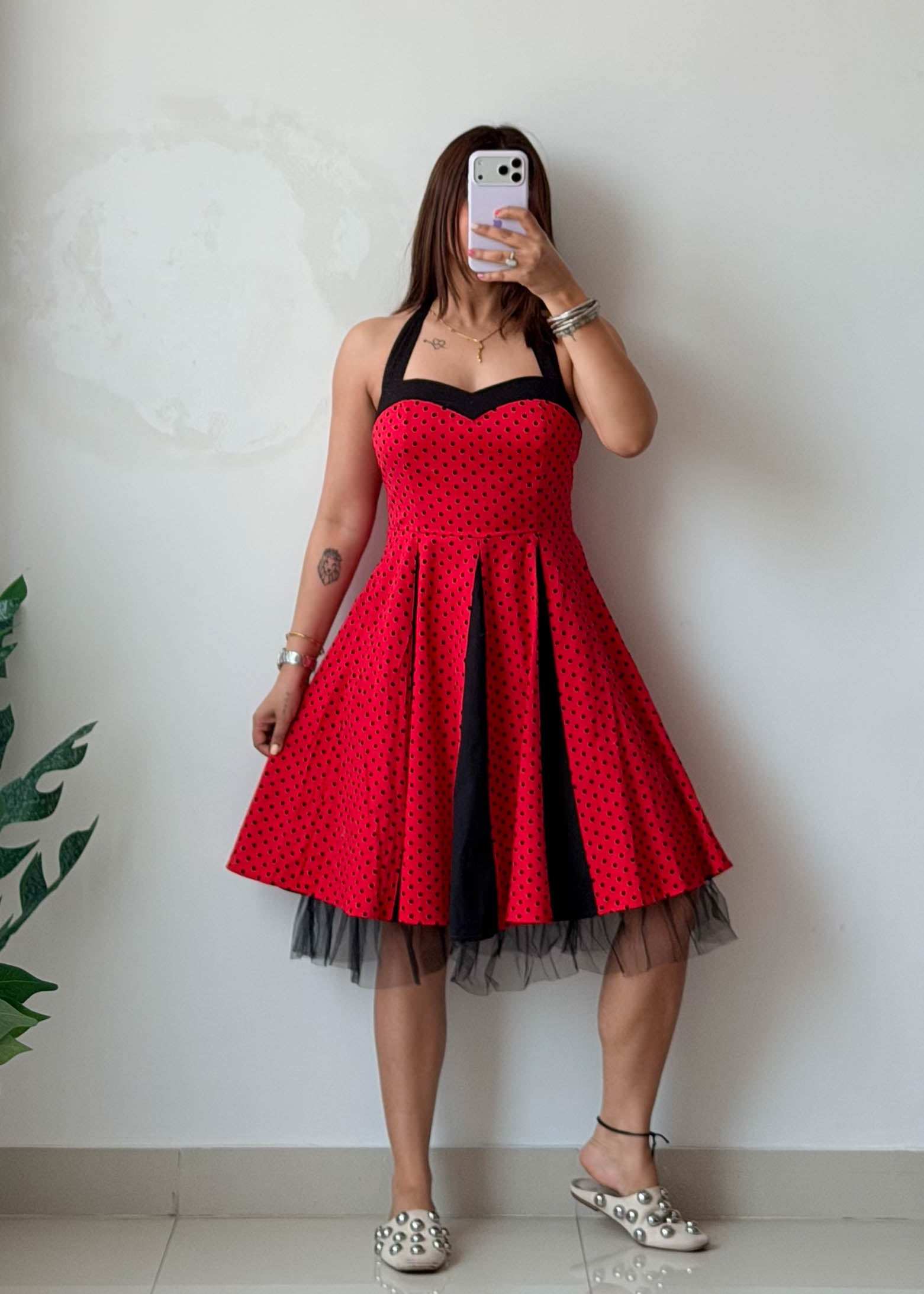 Size S-M Red & Black Cotton Polka Fit & Flare Dress
