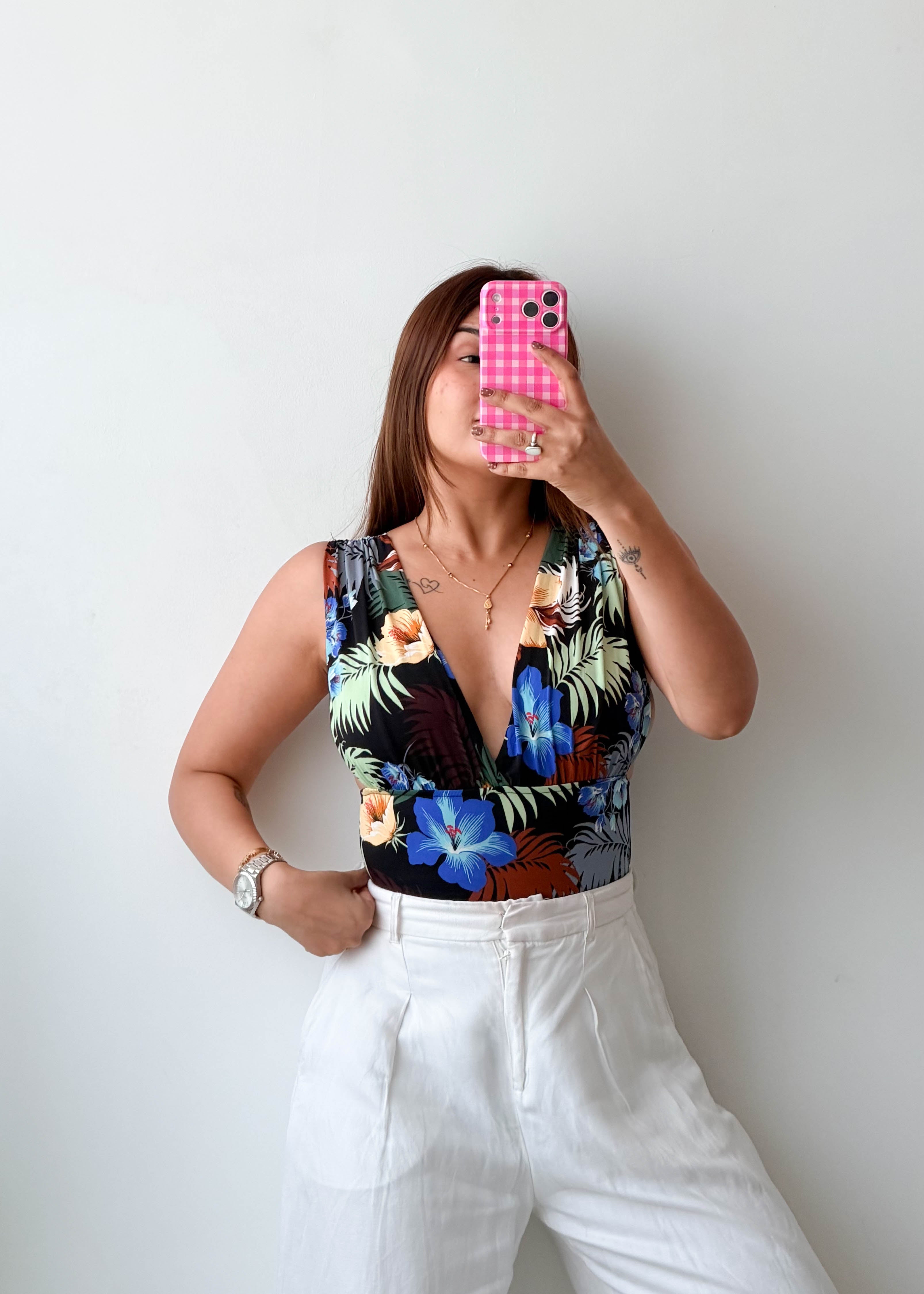 Size XS-S Tropical Floral Plunge Bodysuit