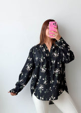 Size L-XL Black Floral Longline Shirt Top