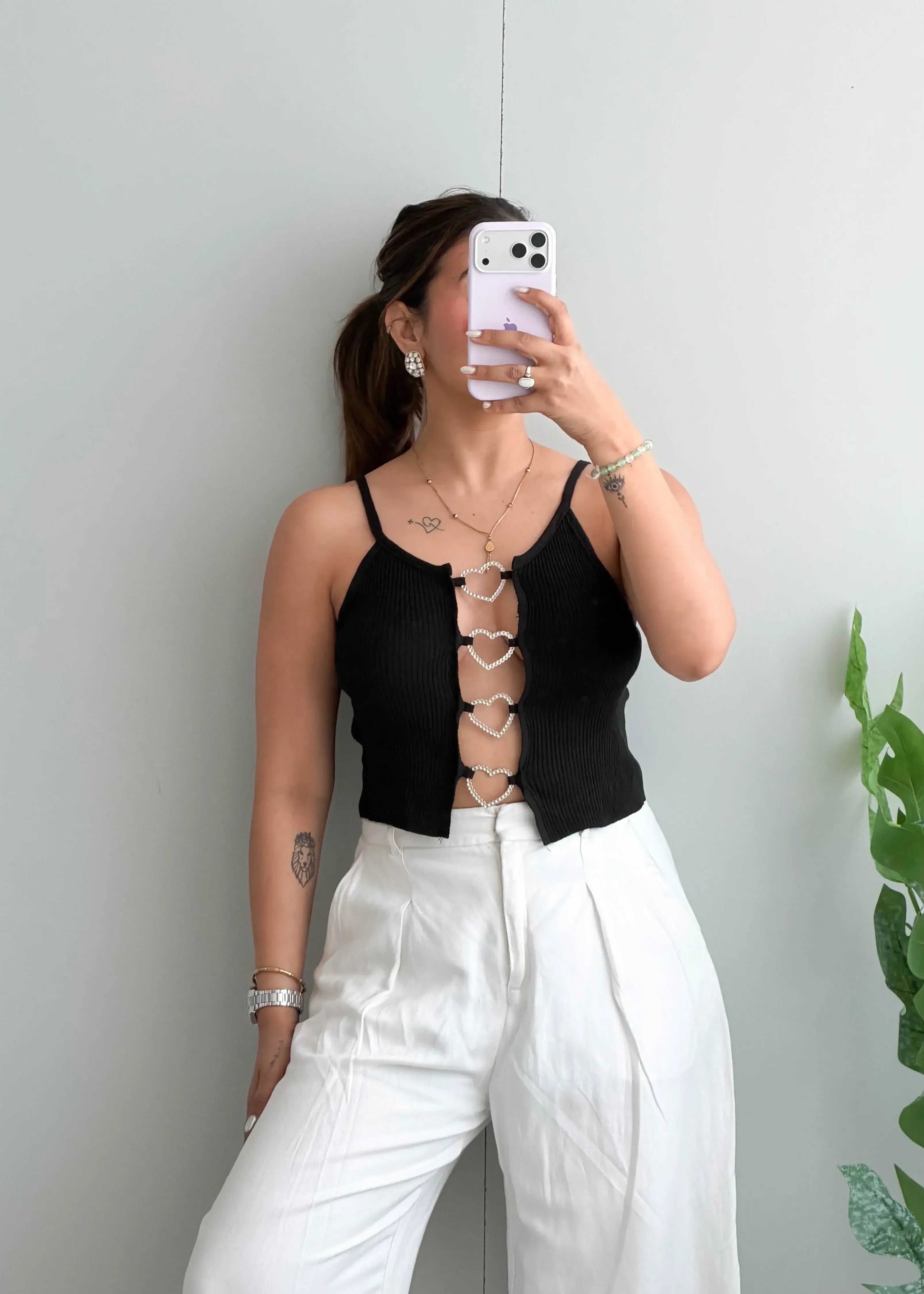 Size XS-S, Black Heart Detail Camisole Top - Closet by Payal