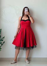 Size S-M Red & Black Cotton Polka Fit & Flare Dress