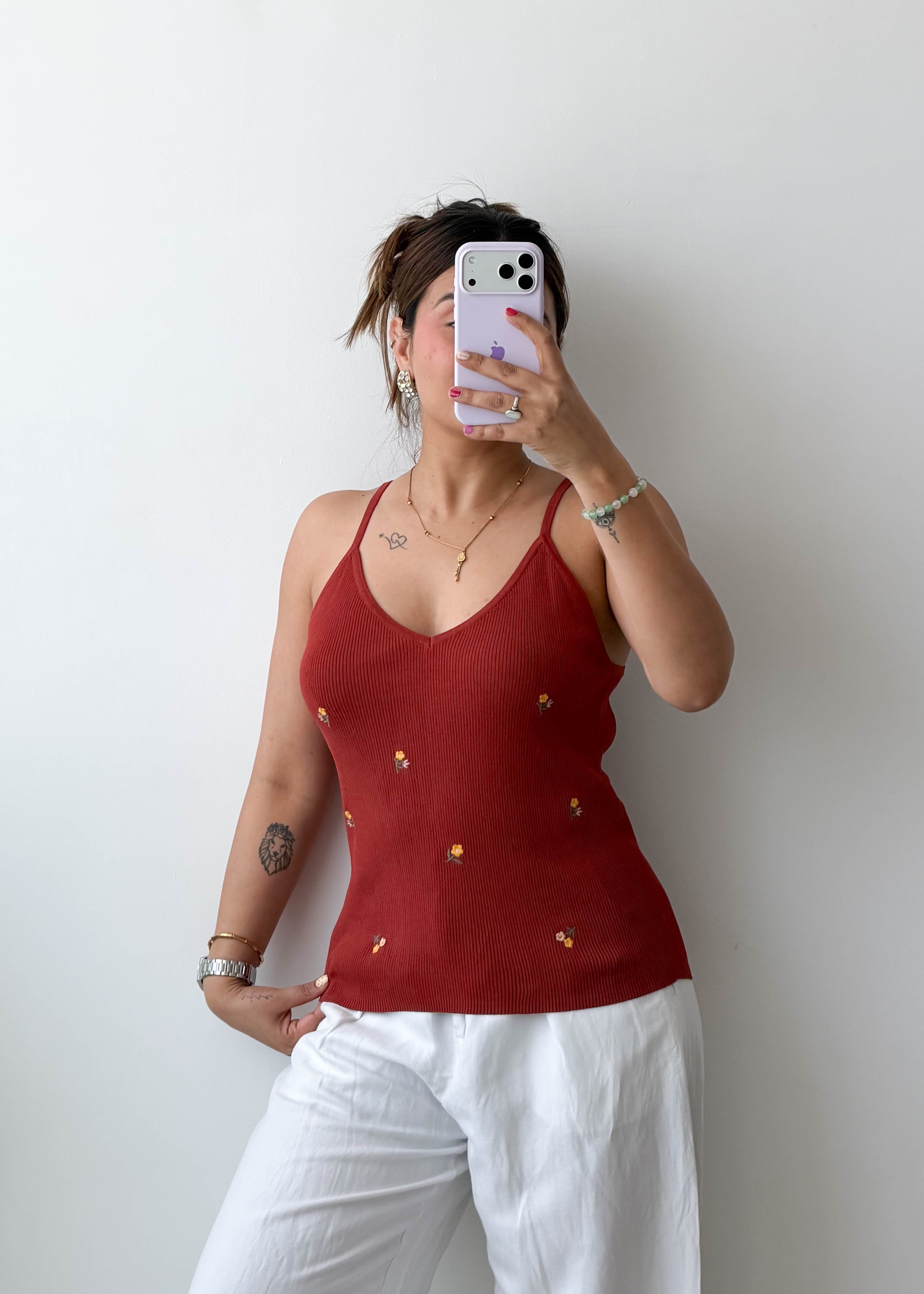 Size M-L Rust Ribbed Embroidered Camisole