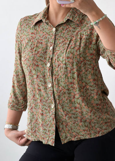 XS-S Green Micro Floral Viscose Crepe Shirt