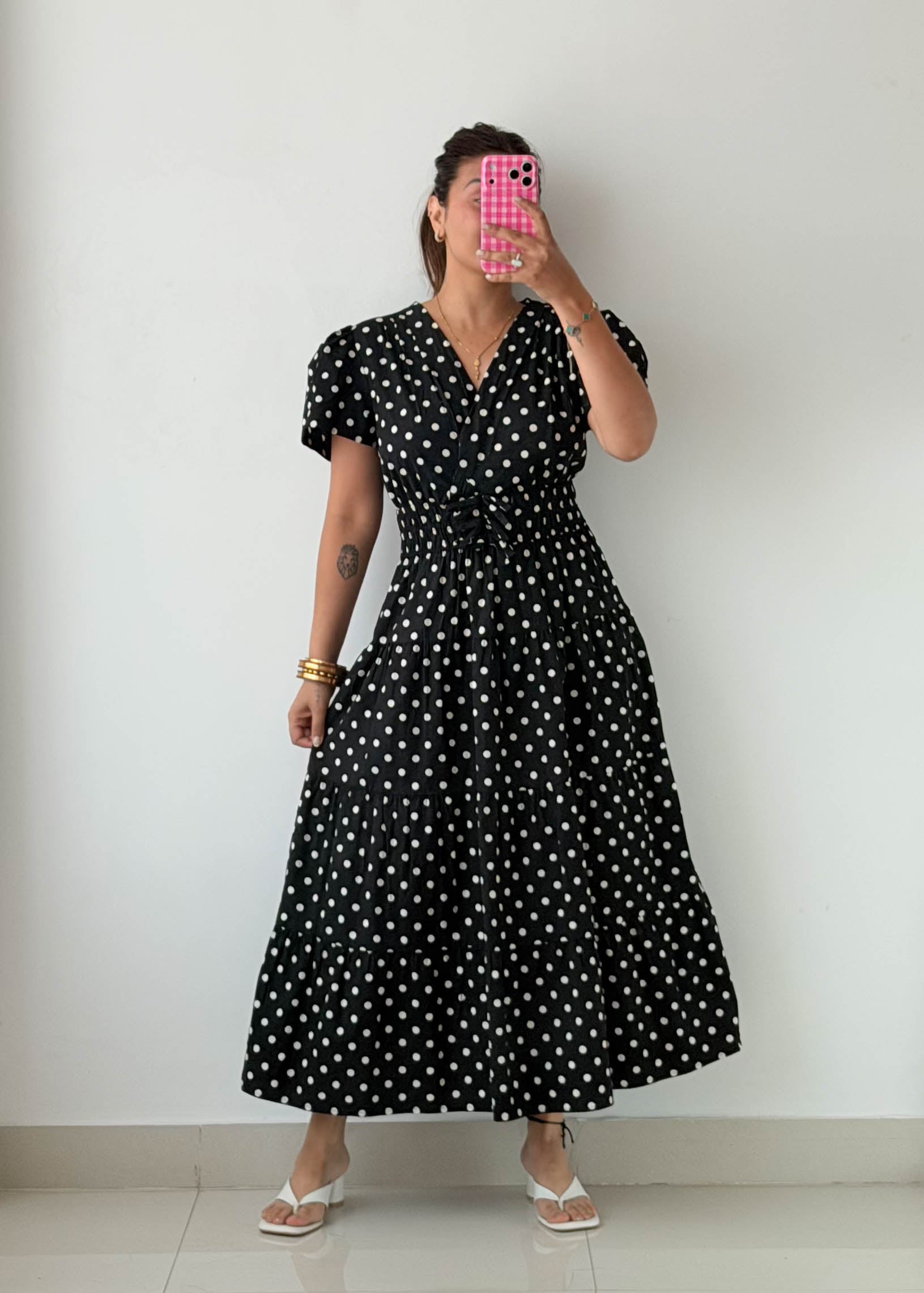 Size M-L Black Polka Dot Midi Dress