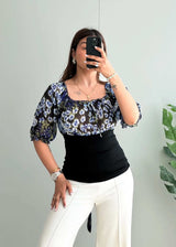 Size XS-M, Blue and Black ruffled off shoulder Printed top - Closet by Payal