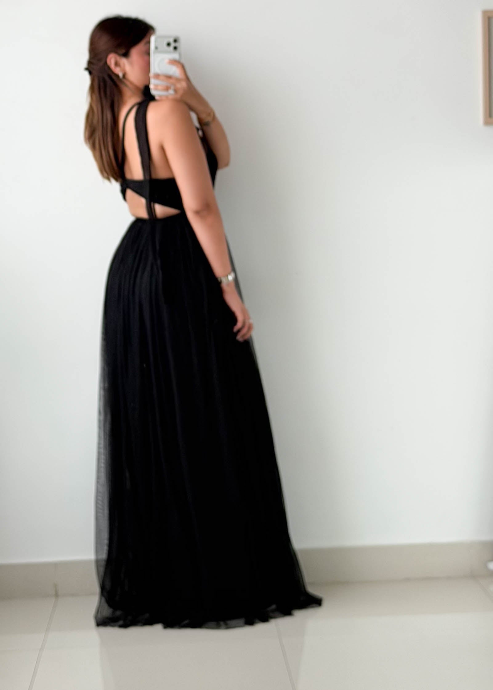 Size XS-S Black Mesh Neck Maxi Dress
