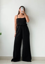 Size S-M Black Textured Wide-Leg Jumpsuit