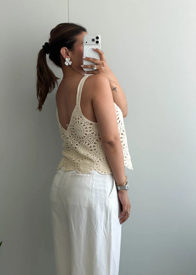 Size S-M, Cream Crochet Floral Tank Top - Closet by Payal