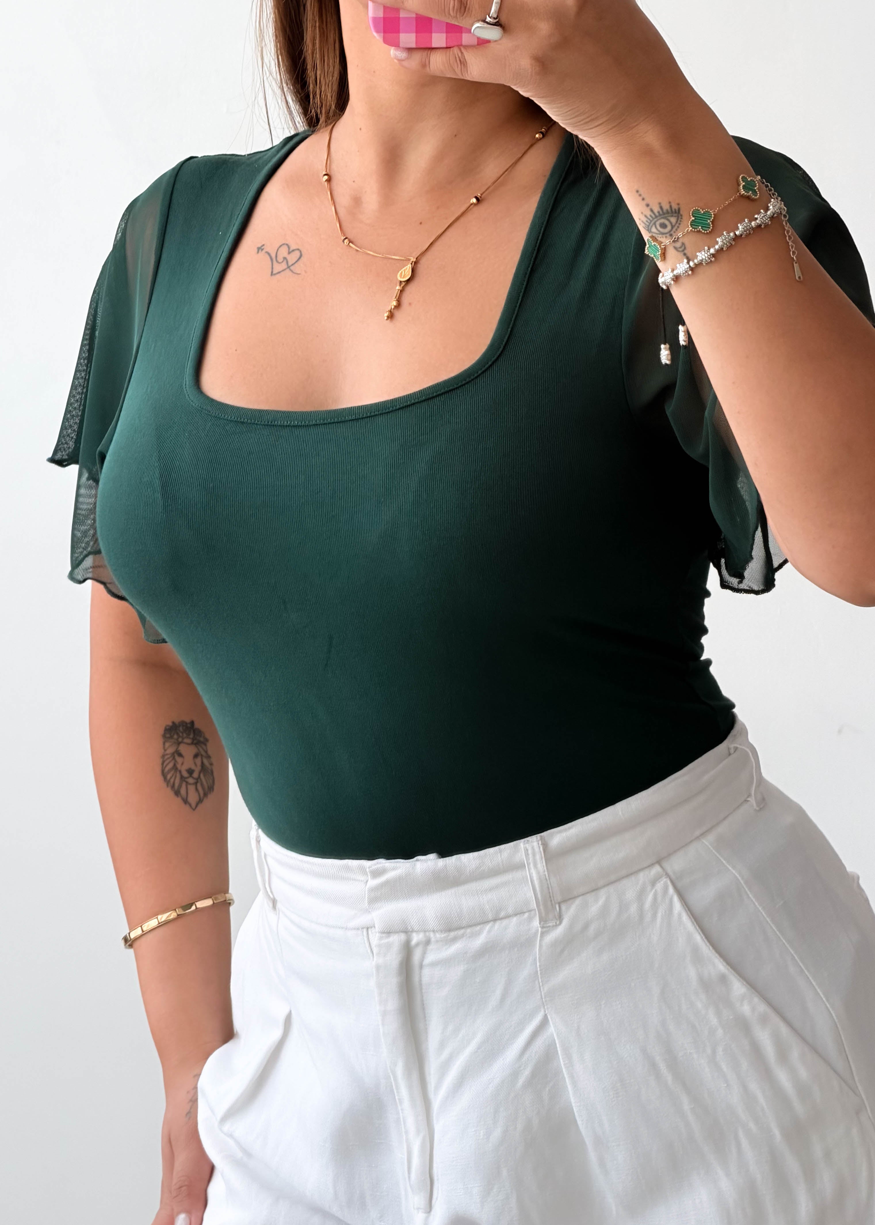 Size S-M Emerald Flutter Sleeve Bodysuit
