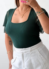 Size S-M Emerald Flutter Sleeve Bodysuit