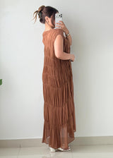 Size M-L Brown Embroidered Pleated Maxi Dress