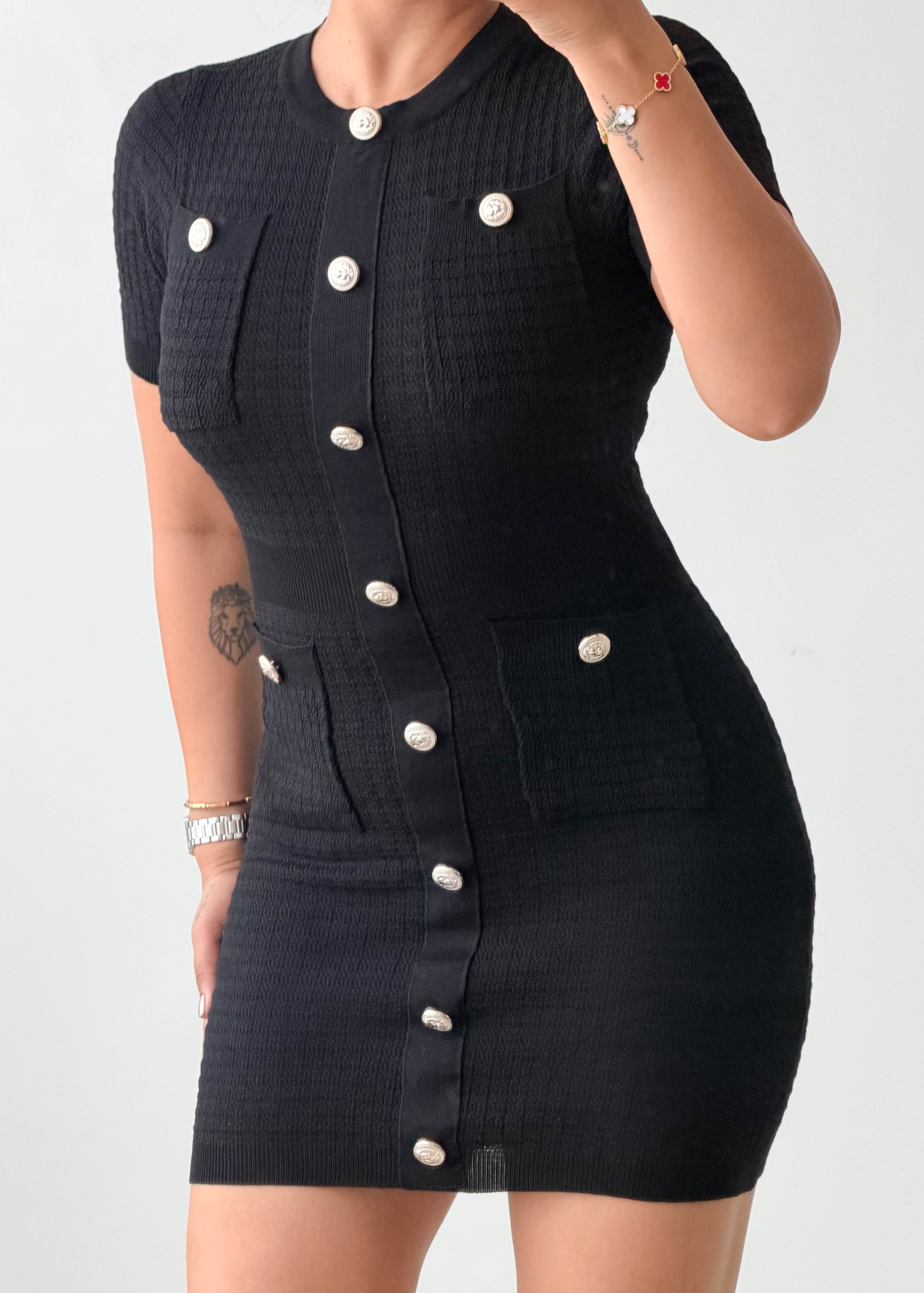 Size S-M Black Pearl Button Knit Mini Dress