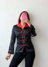 Size XS-S Black Red Embroidered Mandarin Collar Top