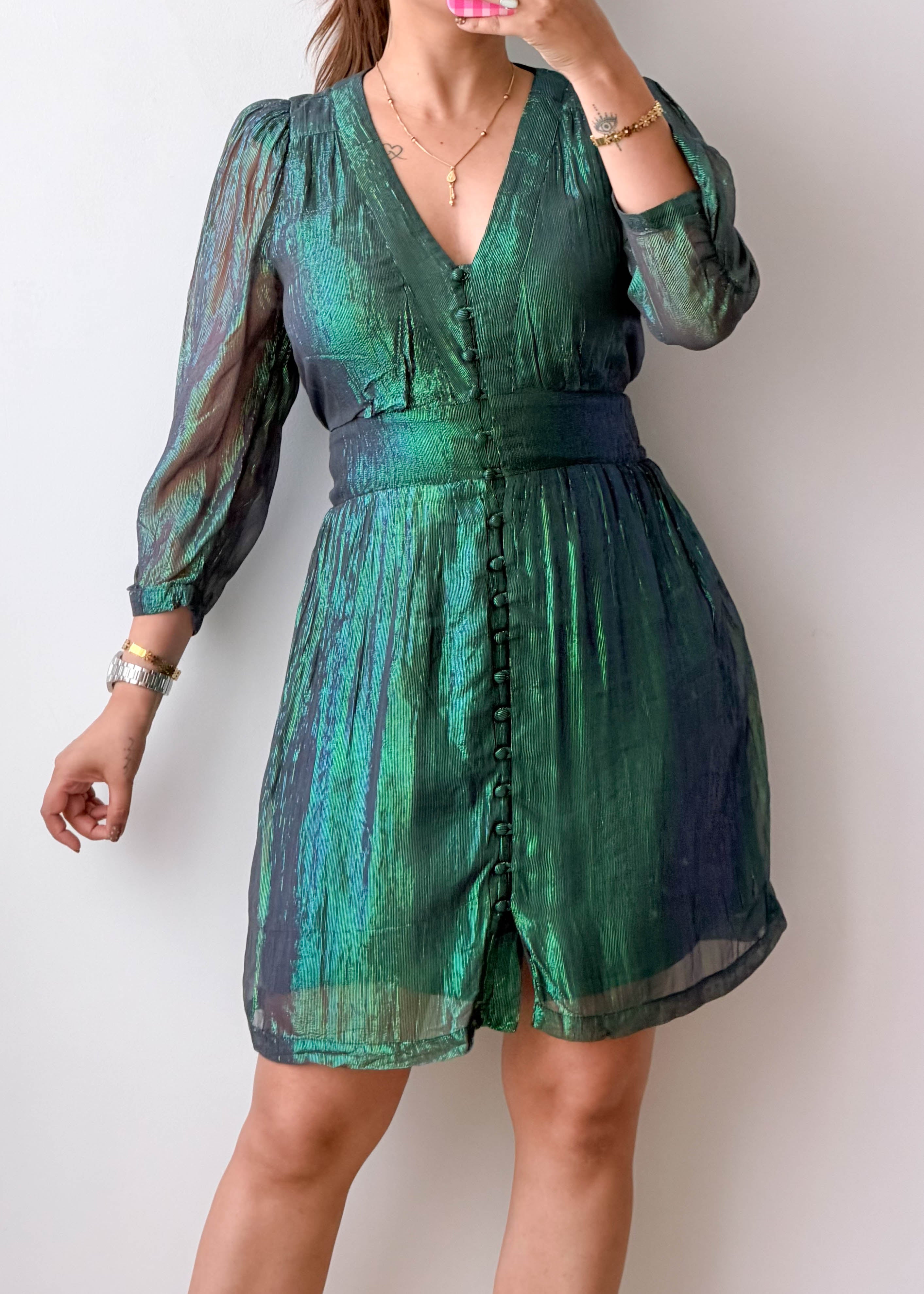 Size M-L Emerald Green Shimmer Sheer Sleeve Mini Dress