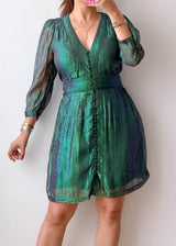Size M-L Emerald Green Shimmer Sheer Sleeve Mini Dress