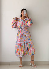 Size XL-XXL Multicolor Printed Tiered Midi Dress