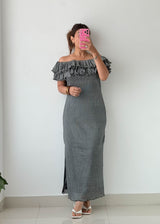 Size S-M Grey Off-Shoulder Ribbed Midi Dress