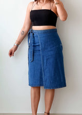 Waist 27-28 Blue Denim Wrap Midi Skirt