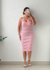 Size M-L Pink Striped Ribbed Knit Midi Dress