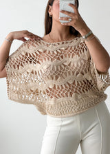 Size S-M Beige Open Knit Crochet Poncho Top