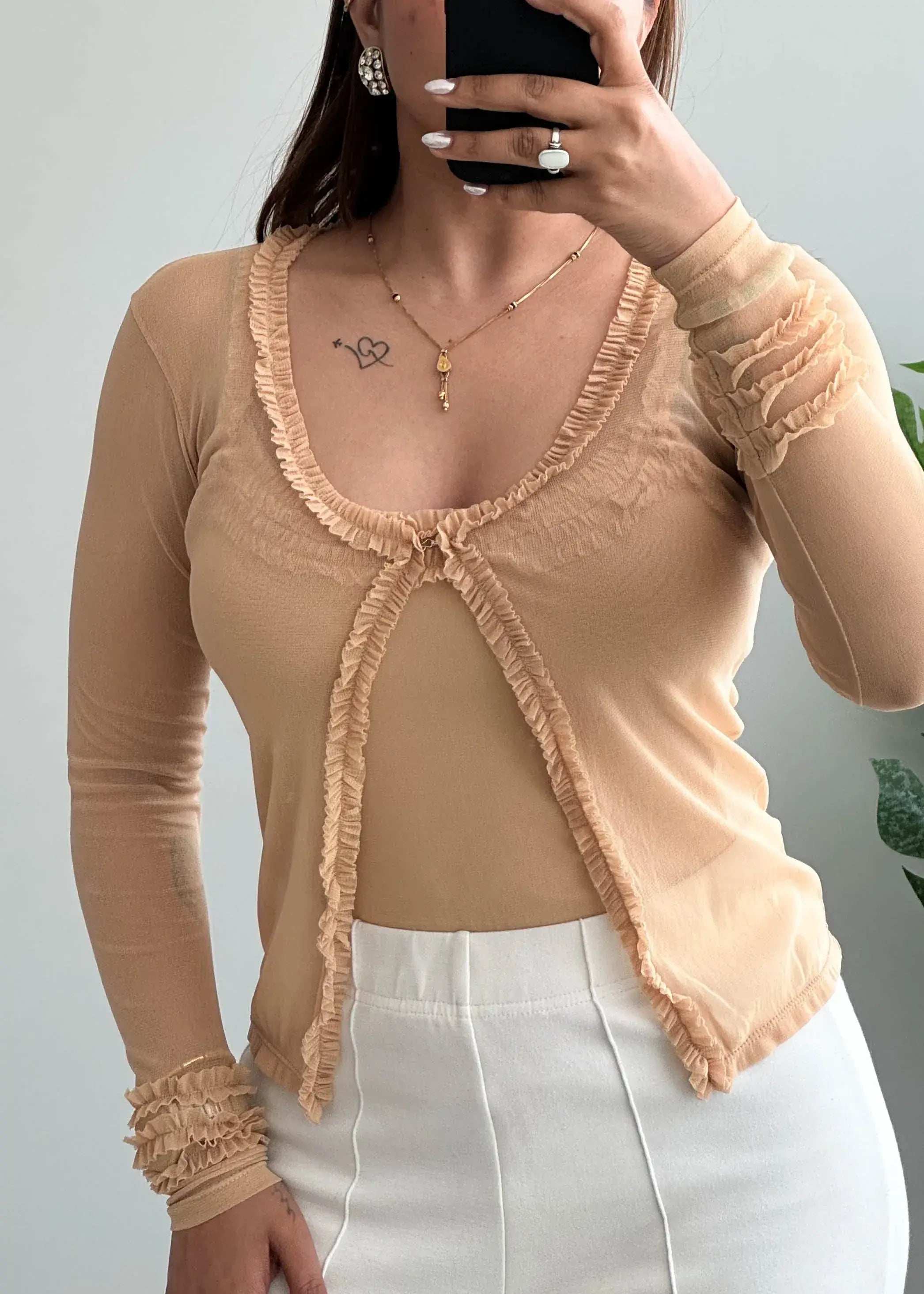 Size XS-S, Y2K Sheer Ruffle Front Fitted Top - Closet by Payal