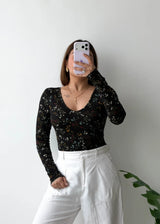 Size S-M, Black Floral V-Neck Full Sleeve Bodysuit