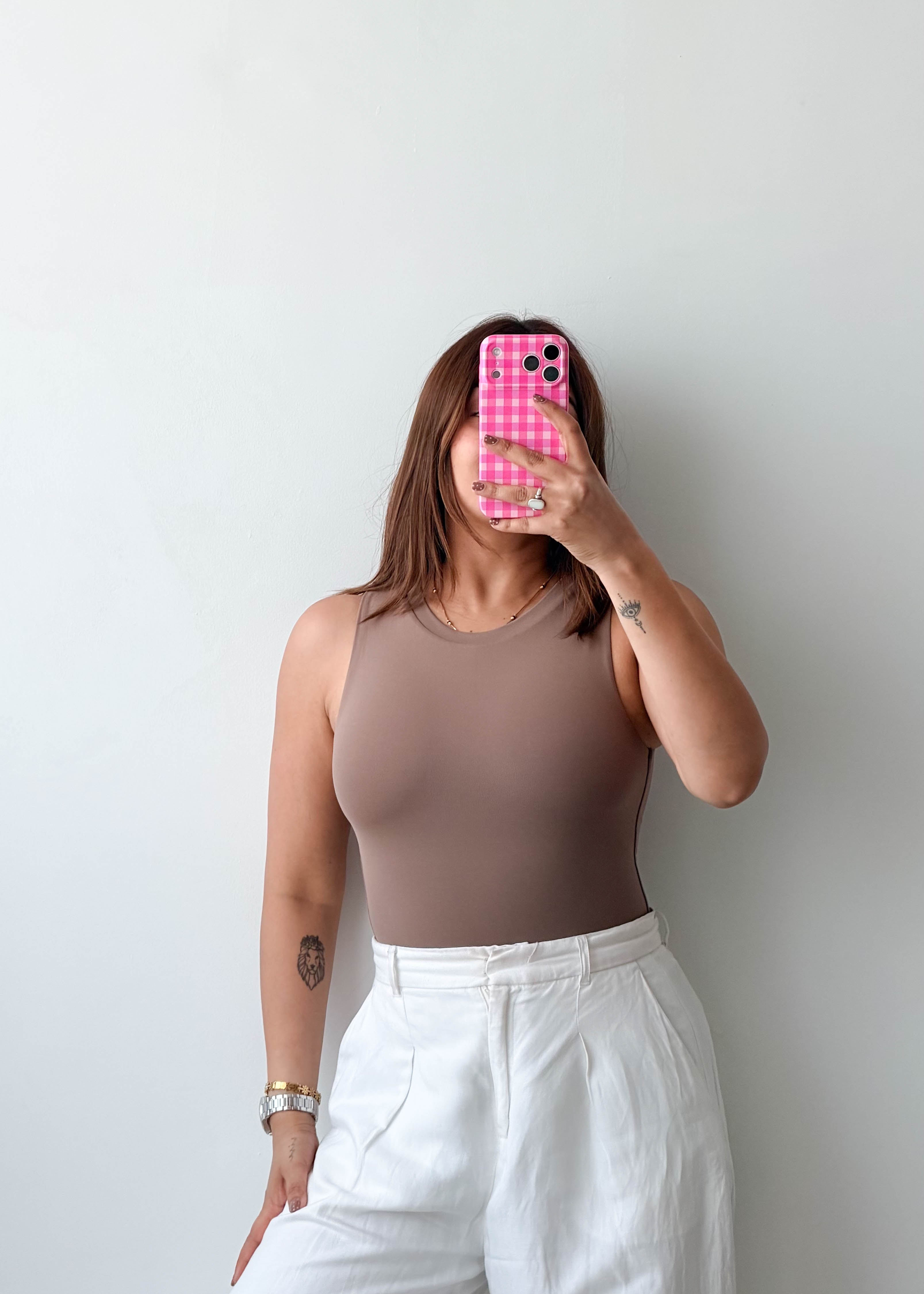 Size XS-S Taupe High Neck Sleeveless Bodysuit