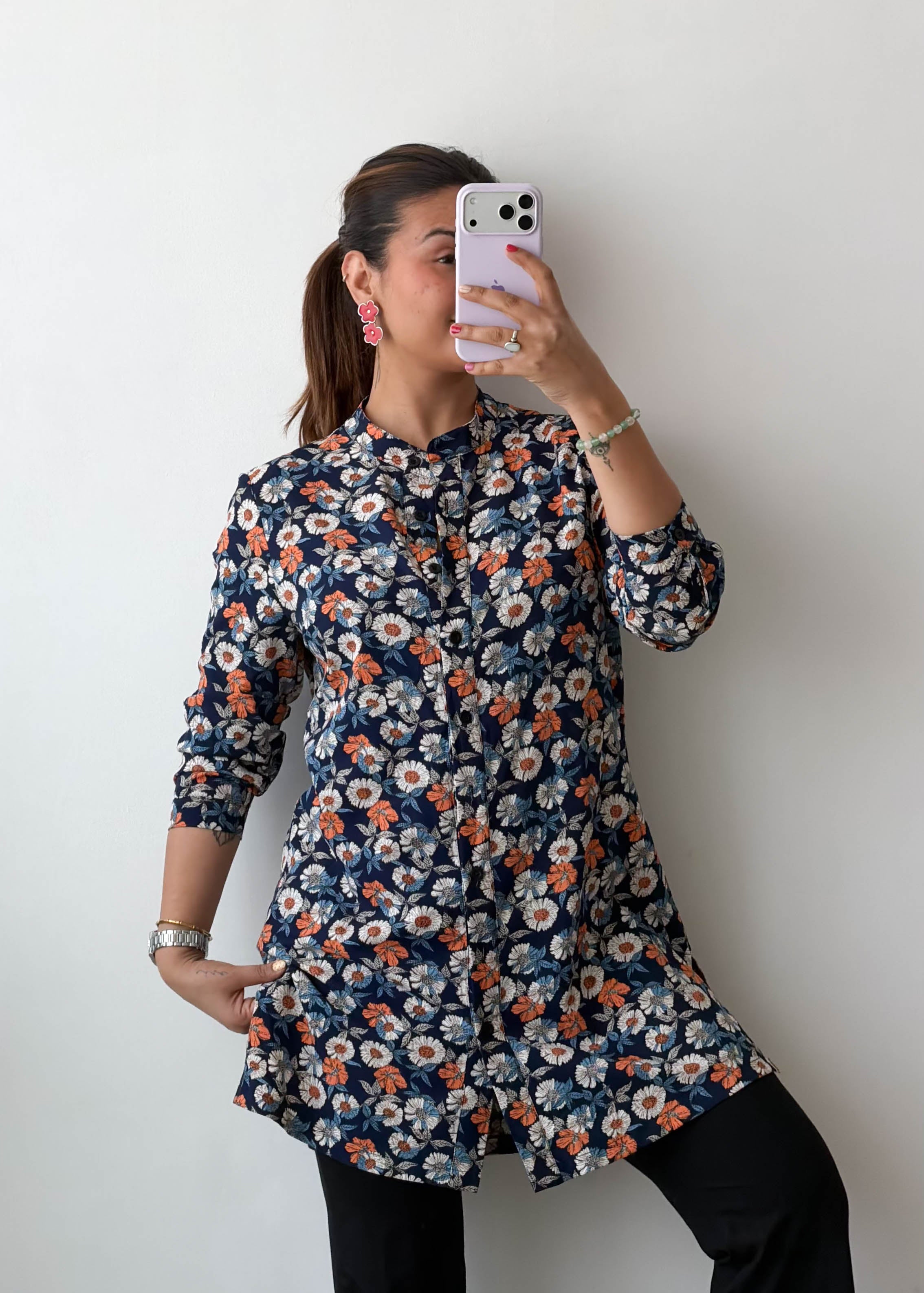 S-M Navy Floral Tie Neck Viscose Shirt