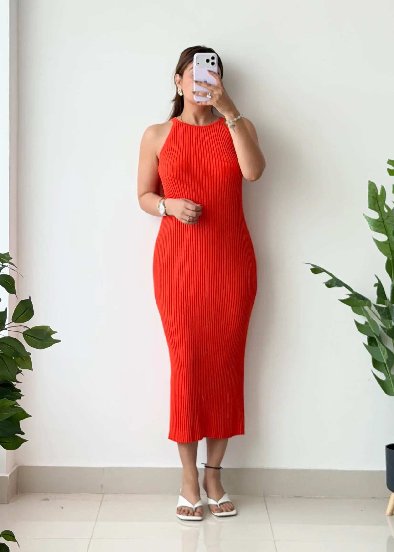 Size M-L, Orange Sleeveless Ribbed Midi Dress - Closet by Payal