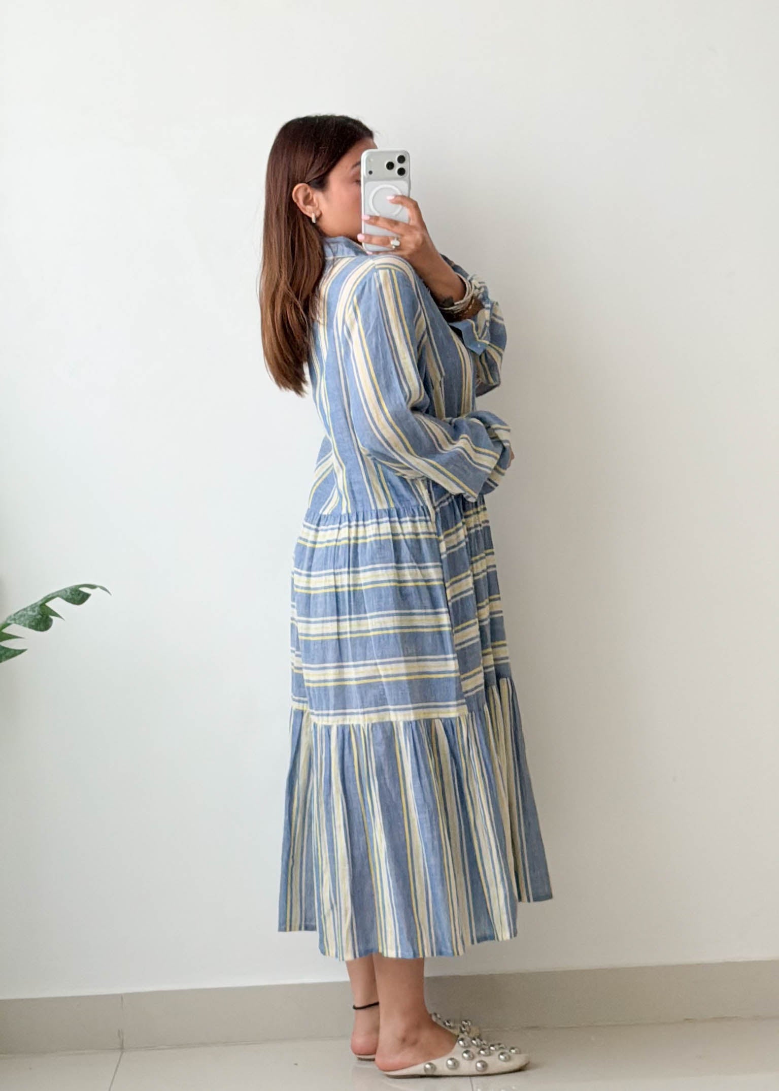 Size L-XL Blue Striped Shirt Midi Dress