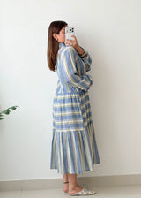 Size L-XL Blue Striped Shirt Midi Dress
