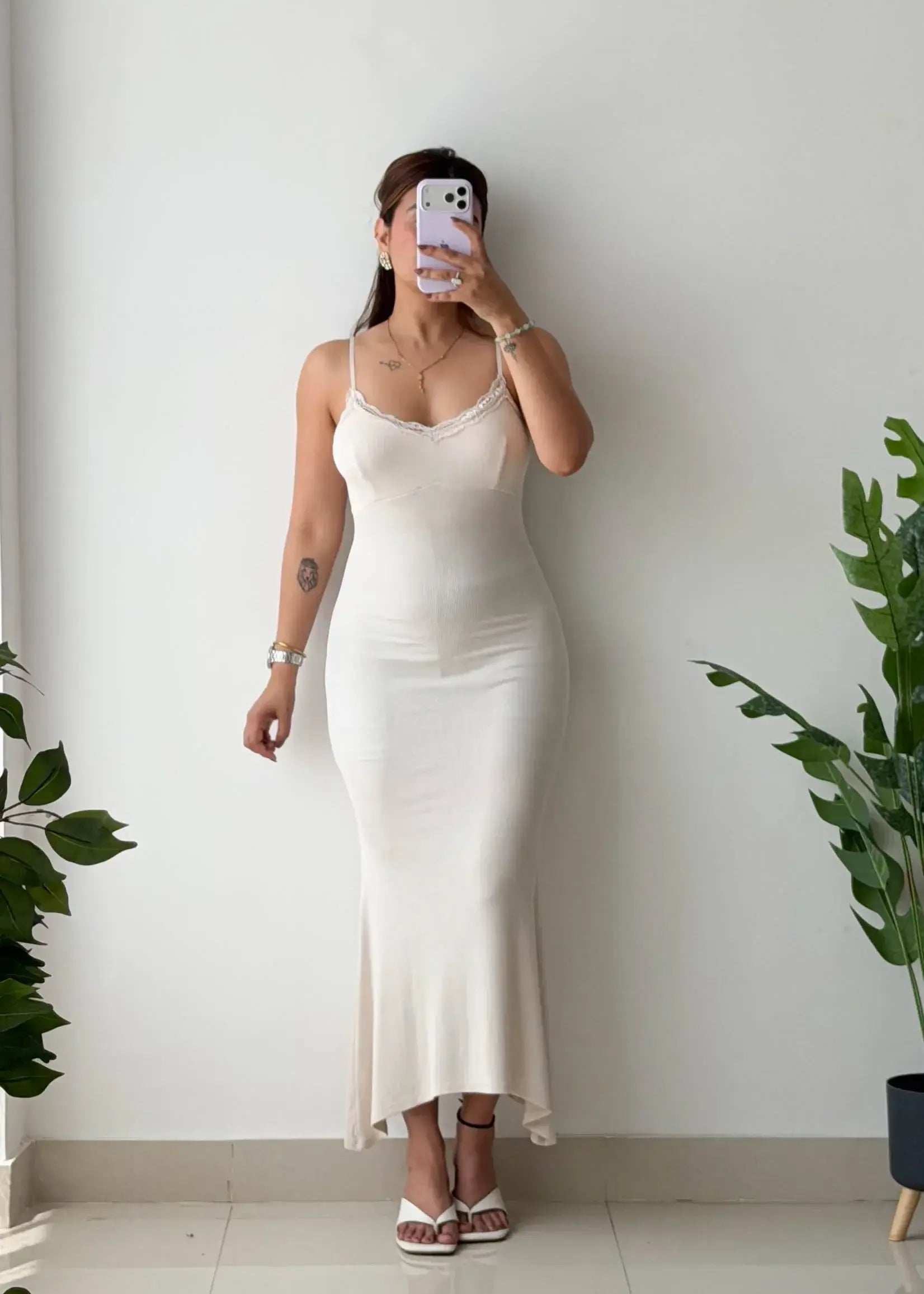 Size XS-S, Beige Lace Trim Maxi Dress - Closet by Payal