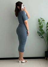 SIZE S-M, Teal Ribbed Sweetheart Neck Midi Dress - Closet by Payal