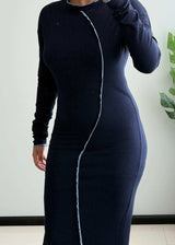 SIZE M-L, Navy Long Sleeve Midi Jersey Dress - Closet by Payal