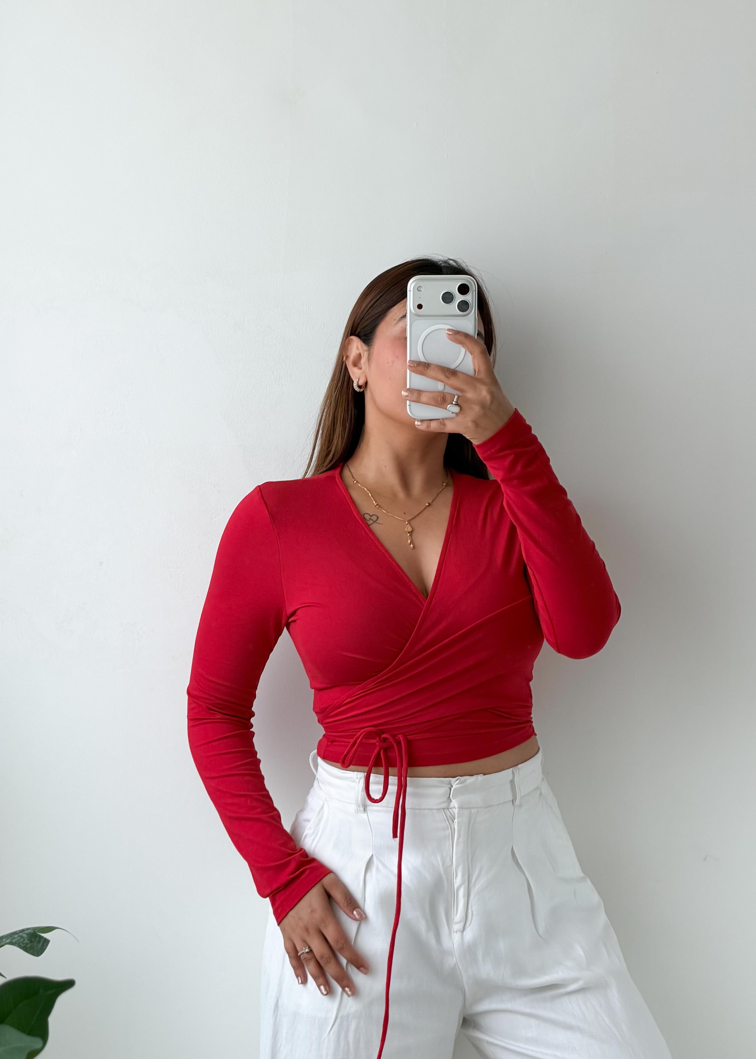 Size M-L Red Wrap Tie Top