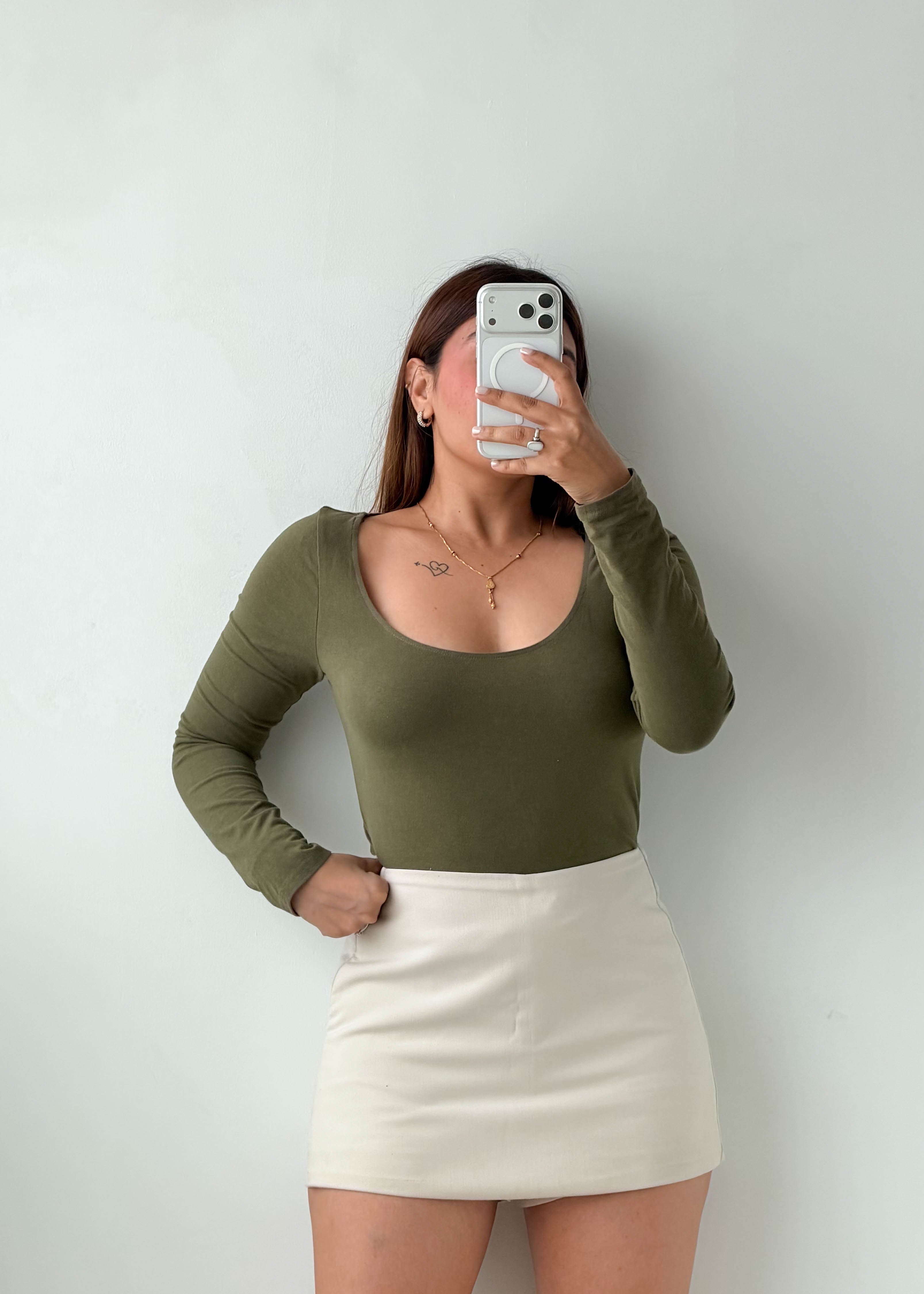 Size M-L Olive Green Long Sleeve Bodysuit
