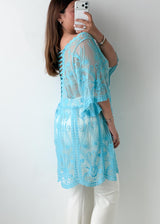 Free Size Aqua Blue Embroidered Mesh Kaftan Top