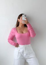 Size M-L Pink Square Neck Long Sleeve Top