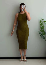 SIZE XS-S, Olive Heathered Sleeveless Bodycon Dress - Closet by Payal