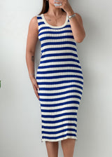 Size M-L Blue & White Striped Ribbed Midi Dress