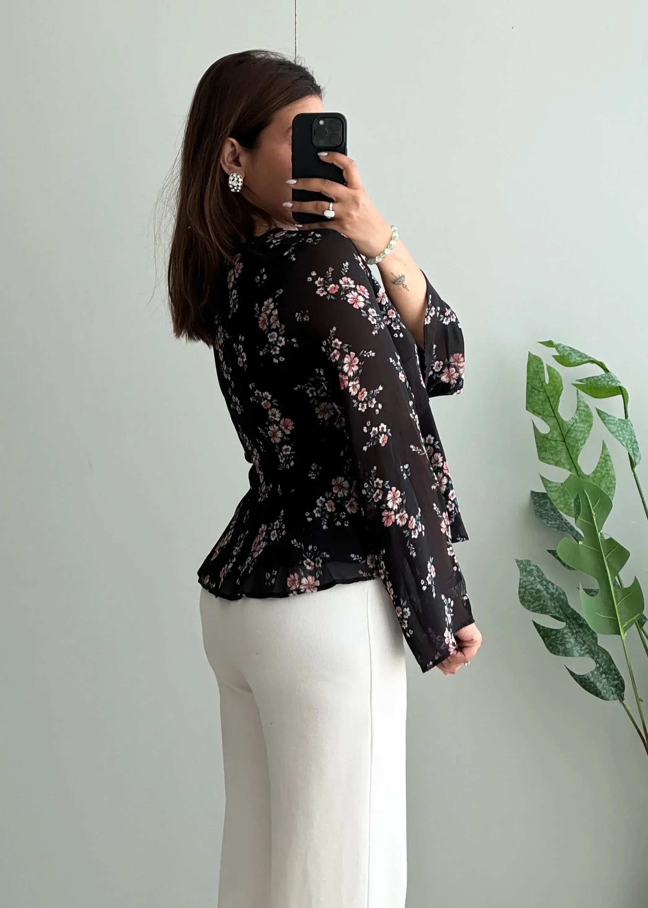 Size S-M, Black Floral Peplum Chiffon Top - Closet by Payal