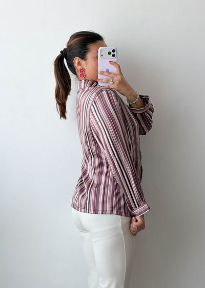 M-L Maroon Stripe Satin Ruffle Shirt